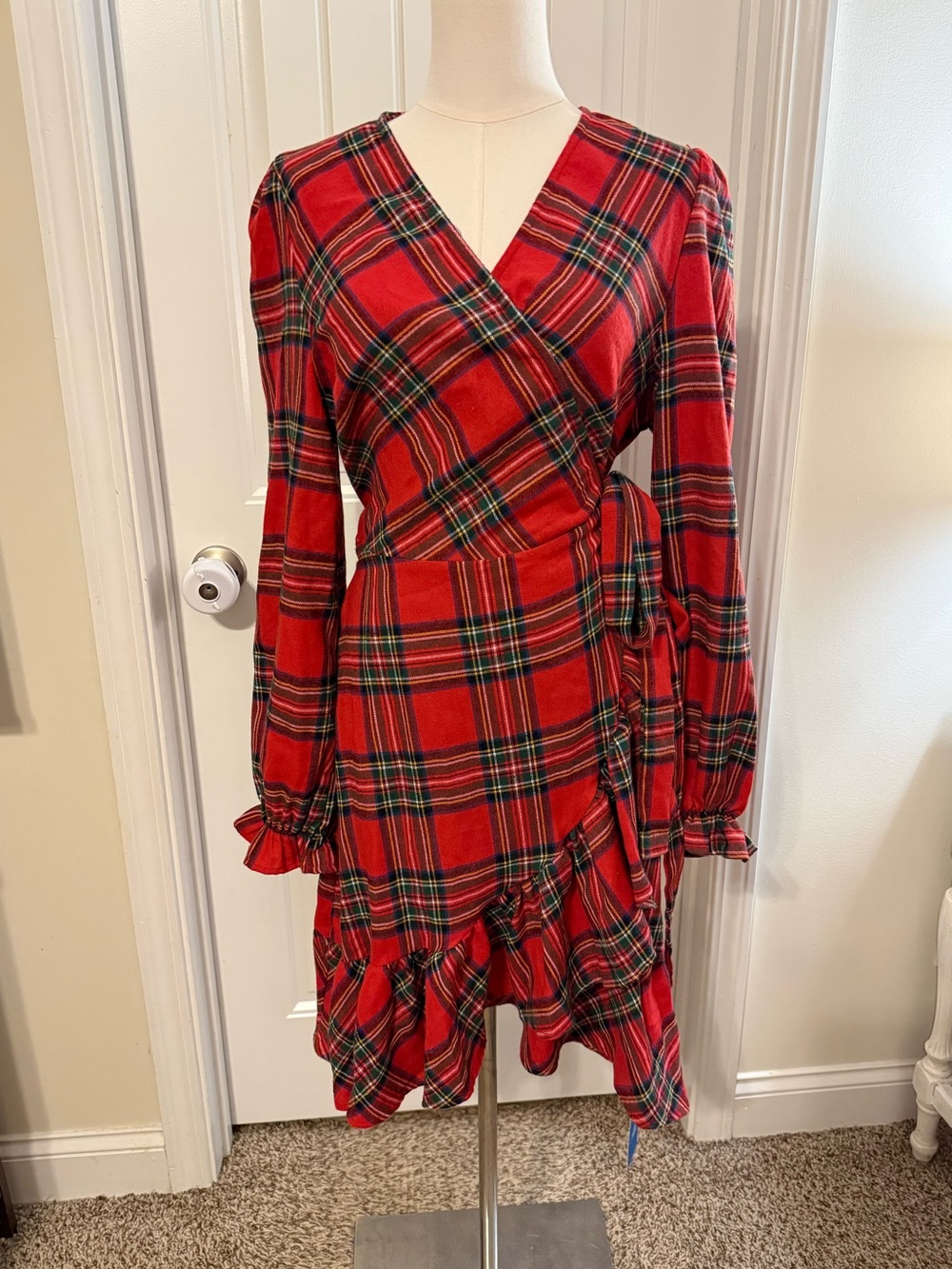 Cupshe Red Plaid Wrap Ruffle Dress